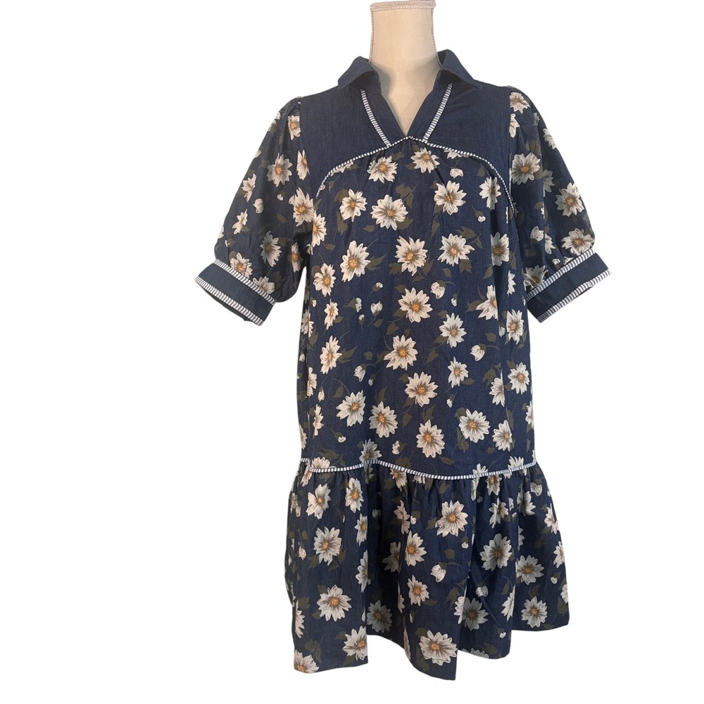 Umgee Womens Daisy Floral Denim Look Tiered Babydoll Dress Blue Medium NWT